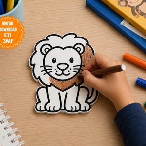 May include: A white lion-shaped figure with black outlines being colored in with a brown marker. The figure features a cartoon-style lion face and body. An orange star-shaped badge with the text DIGITAL DOWNLOAD STL 3MF is visible in the corner.