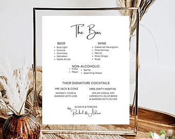 The Bar Sign, Wedding Bar Menu, Signature Drinks Sign, Cocktail Bar, Modern Reception Sign, Printable, 5X7 & 8X10 DIY in Canva Minimal MIN01