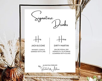 Signature Drinks Sign, Wedding Bar Menu, Custom Cocktail Sign, Modern Reception Decor, DIY Printable, 5X7 & 8X10 DIY in Canva Minimal MIN01
