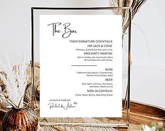 The Bar Sign, Wedding Bar Menu, Signature Drinks Sign, Cocktail Bar, Modern Reception Sign, Printable, 5X7 & 8X10 DIY in Canva Minimal MIN01