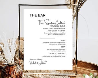 The Bar Sign, Wedding Bar Menu, Signature Drinks Sign, Cocktail Bar, Modern Reception Sign, Printable, 5X7 & 8X10 DIY in Canva Minimal MIN01