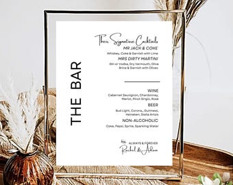 The Bar Sign, Wedding Bar Menu, Signature Drinks Sign, Cocktail Bar, Modern Reception Sign, Printable, 5X7 & 8X10 DIY in Canva Minimal MIN01