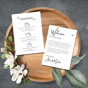 Biglietto di benvenuto per matrimonio, invito di matrimonio e cronologia dell'itinerario, programma moderno per eventi del fine settimana, fai da te 5x7 in Canva, minimale, MIN01