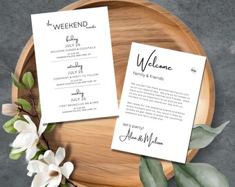 Nota de bienvenida para la boda, invitación de boda y cronograma de itinerario, programa moderno de eventos de fin de semana, bricolaje de 5 x 7 en Canva, minimalista, MIN01