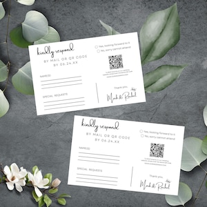 Tarjeta de respuesta de boda moderna con código QR, tarjeta de respuesta de boda minimalista con código QR, tarjeta de respuesta de boda sencilla en línea, bricolaje en Canva de 5 x 3,5 pulgadas, minimalista, MIN01