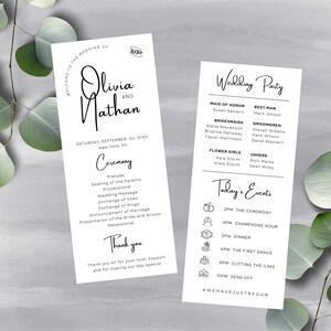 Programa de boda moderno, Orden de servicio editable, Cronograma de ceremonia y programa de eventos simple de 2 páginas, Canva DIY de 3.5x8.5, Minimalista MIN01