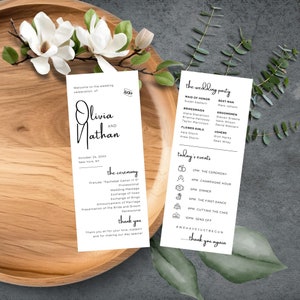Programa de boda moderno, Orden de servicio editable, Cronograma de ceremonia y programa de eventos simple de 2 páginas, Canva DIY de 3.5x8.5, Minimalista MIN01