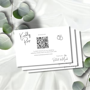 Tarjeta de respuesta de boda moderna con código QR, tarjeta de respuesta de boda minimalista con código QR, tarjeta de respuesta de boda sencilla en línea, bricolaje en Canva de 5 x 3,5 pulgadas, minimalista, MIN01