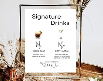 Signature Drinks Sign, Wedding Bar Menu, Custom Cocktail Sign, Modern Reception Decor, DIY Printable, 5X7 & 8X10 DIY in Canva Minimal MIN01