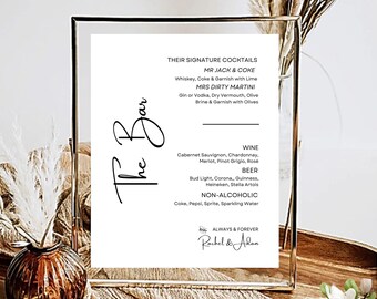The Bar Sign, Wedding Bar Menu, Signature Drinks Sign, Cocktail Bar, Modern Reception Sign, Printable, 5X7 & 8X10 DIY in Canva Minimal MIN01