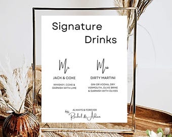 Signature Drinks Sign, Wedding Bar Menu, Custom Cocktail Sign, Modern Reception Decor, DIY Printable, 5X7 & 8X10 DIY in Canva Minimal MIN01