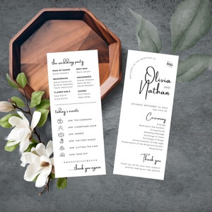 Modello di programma per matrimonio, ordine di servizio moderno, semplice programma di eventi con cronologia della cerimonia nuziale di 2 pagine, fai da te Canva 3,5x8,5, minimo MIN01