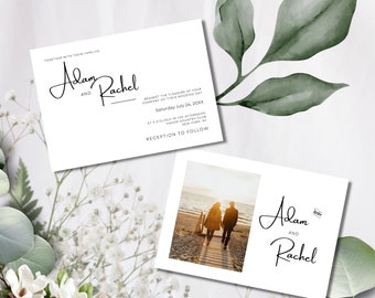 Invitación de boda con una sola foto, 7" x 5" horizontal, anuncio imprimible con imagen, invitación de boda sencilla, bricolaje en Canva, minimalista, MIN01