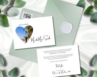 Plantilla de tarjeta de agradecimiento con foto de boda, nota de agradecimiento moderna y sencilla por asistir con foto especial de la pareja, bricolaje de 7 x 5 Canva Minimal MIN01