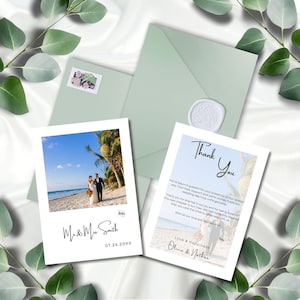 Tarjeta de agradecimiento con foto de boda, elegante collage moderno de doble cara para agradecer la asistencia, aniversario o boda, 5 x 7, bricolaje, Canva Minimal MIN01