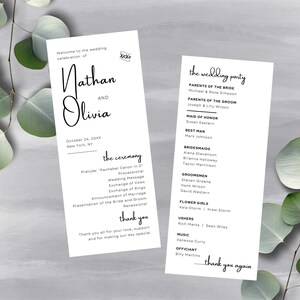 Plantilla de programa de bodas, orden de servicio moderno, cronograma de ceremonia de boda simple de 2 páginas, texto editable, Canva DIY de 3,5 x 8,5, minimalista MIN01