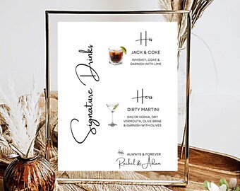 Signature Drinks Sign, Wedding Bar Menu, Custom Cocktail Sign, Modern Reception Decor, DIY Printable, 5X7 & 8X10 DIY in Canva Minimal MIN01
