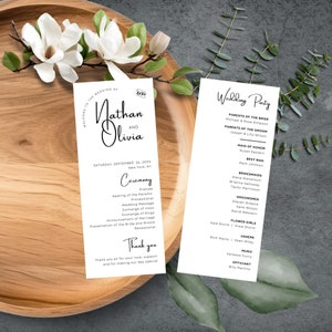 Programa de boda moderno, Orden de servicio editable, Cronograma de ceremonia y programa de eventos simple de 2 páginas, Canva DIY de 3.5x8.5, Minimalista MIN01
