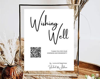 Letrero de mesa con código QR para el pozo de los deseos, letrero imprimible para el fondo de luna de miel para bodas, fondo de miel, recepción moderna, bricolaje de 5 x 7 y 8 x 10 en Canva Minimal MIN01