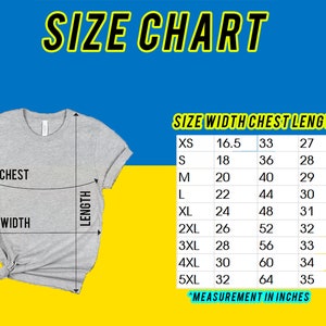May include: Size chart for a t-shirt with measurements in inches for width, chest, and length. Sizes range from XS to 5XL.