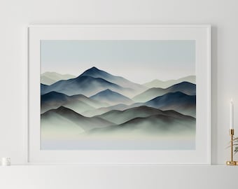 Watercolor Mountain Landscape Art Print: Minimalist Blue Green Wall Decor, Printable Poster (Digital Download)