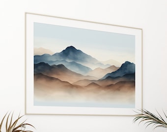 Watercolor Mountain Landscape Art Print: Minimalist Blue Wall Decor, Printable Poster (Digital Download)