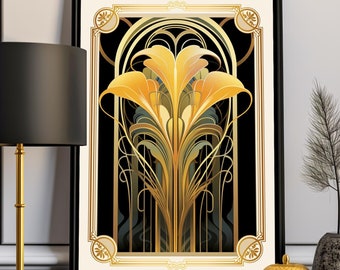 Estampado floral Art Déco: Póster decorativo imprimible con hojas de otoño Art Nouveau doradas (descarga digital)