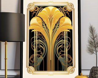 Estampado floral Art Déco dorado: Decoración otoñal Art Nouveau vintage para pared, imprimible (descarga digital)