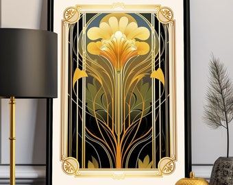 Estampado floral Art Nouveau dorado: Decoración de pared otoñal Art Déco (Descarga digital)
