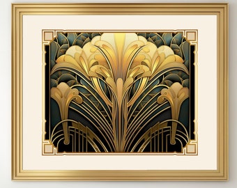 Póster geométrico art déco floral dorado: Impresión horizontal para decoración de pared Art Nouveau (descarga digital)
