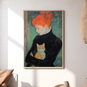 Stampa in stile Henri de Toulouse-Lautrec, poster d'arte francese, stampe artistiche da parete con giovane donna e gatto rosso, decorazioni per la camera da letto, arte AI, stampabile digitale