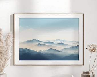 Blue Mountain Landscape Watercolor Print: Minimalist Wall Art, Printable Wall Decor (Digital Download)