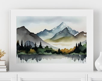 Mountain Print Watercolor Painting Mountain Landscape Wall Art Lake Art Print Abstract Nature Wall Decor PRINTABLE Instant Download Digital