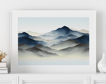 Watercolor Mountain Landscape Art Print: Minimalist Blue Green Wall Decor (Digital Download)