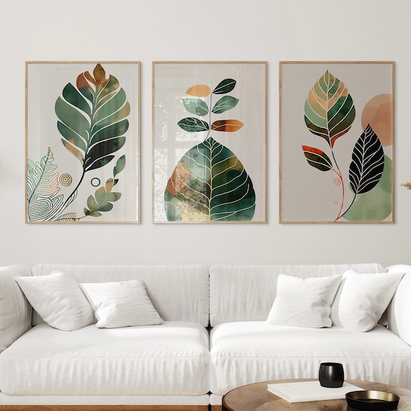 Boho Gallery Wall Art Set, Printable Wall Art, Floral Mid Century Modern Home Decor, Digital Prints, Room Decor of 3 Posters, Downloadable