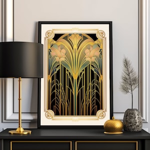 Art Deco Poster Print Art Nouveau Wall Art Trendy Floral Print Vintage Style Poster Gold Black Wall Decor PRINTABLE Instant Digital Download