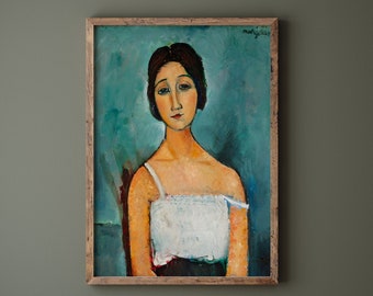 モディリアーニ「青いドレスを着た座る女性」絵画、版画、肖像画、美術