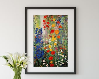 Lámina floral estilo Klimt: Jardín de flores Art Nouveau colorido, póster botánico (impresión digital)