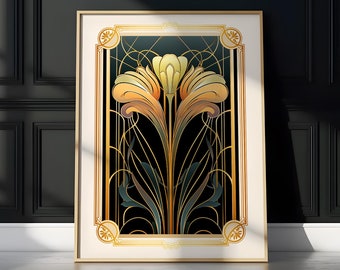 Gold Floral Art Deco Print Poster: Vintage Art Nouveau Wall Decor Printable (Digital Download)