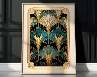 Estampado floral Art Déco: Póster Art Nouveau azul y dorado IMPRIMIBLE (Descarga digital)