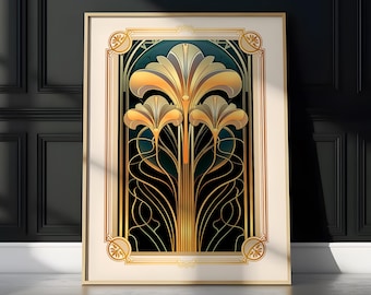 Gold Floral Art Deco Style Printable Poster: Vintage Art Nouveau Wall Decor (Digital Download)