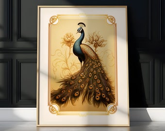 Peacock Art Deco Print: Vintage Gold Art Nouveau Wall Decor, Printable Poster (Digital Download)