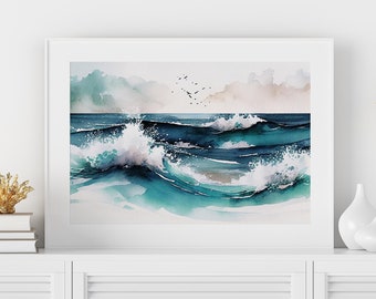 Blue Watercolor Ocean Wave Print: Coastal Beach House Wall Art Printable (Digital Download)