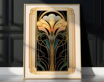 Art Deco Floral Print: Gold Art Nouveau Style Glamour Poster Printable (Digital Download)