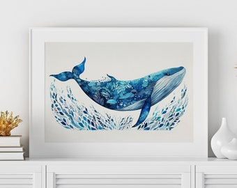 Beach House Decor Beachy Wall Art Ocean Art Nautical Wall Decor Bathroom Decor Whale Watercolor Art Print PRINTABLE Instant Download Digital