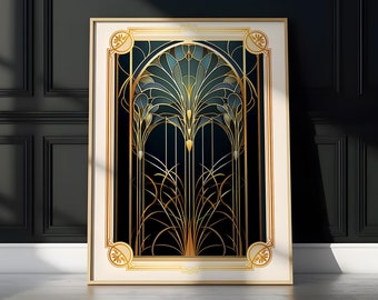 Art-deco bloemenprint: blauwe en gouden art nouveau-poster jaren 1900 WallArt afdrukbare (digitale download)