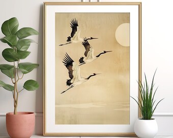 Lámina artística vintage de grulla japonesa: Póster imprimible minimalista de decoración de pared (descarga digital)