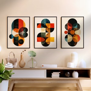 Conjunto de 3 impressões Bauhaus, arte de parede abstrata, pôsteres de exposição para impressão, decoração de parede moderna de meados do século, arte geométrica retrô, download digital