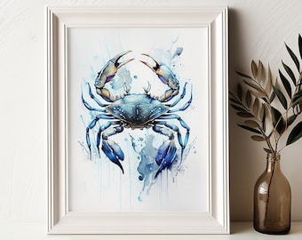 Blue Crab Watercolor Print: Coastal Nautical Wall Art, Beach House Decor (Digital Printable)
