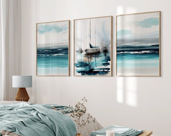 Ocean Waves Watercolor Art Print Set: Coastal Beach House Wall Decor (Digital Print)